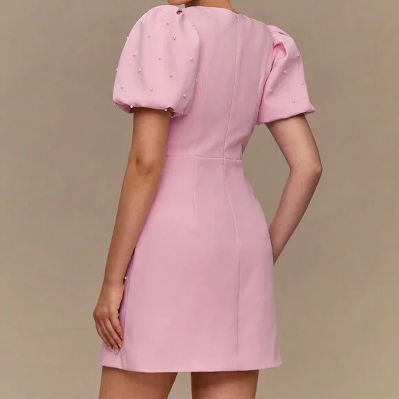 Pink Casual Women's Pearl Bow Decor Short Sleeve Dress - Picture 2 of 7